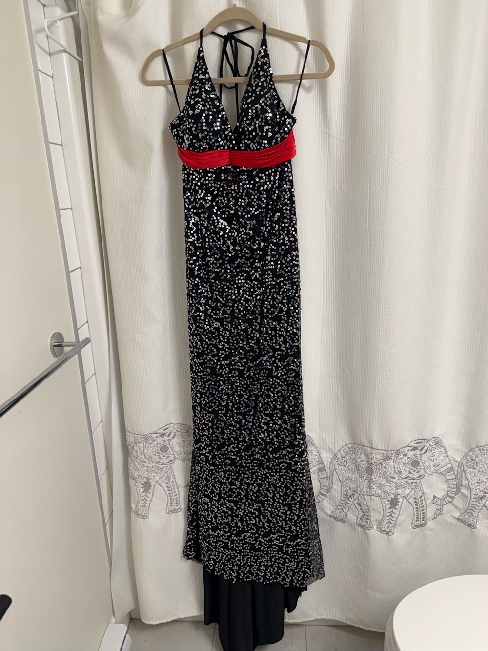 Black Sequin Halter Evening Dress with Red Waist Band and Train
